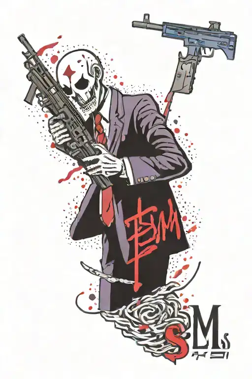 slenderman holding a AR-15 with the letters SLM in purple, red, and blue with bullet holes going through the letters tattoo design idea