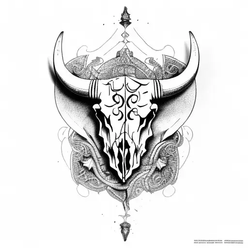 Sleeve with bull skull, rose, clock and ajax God tattoo design idea