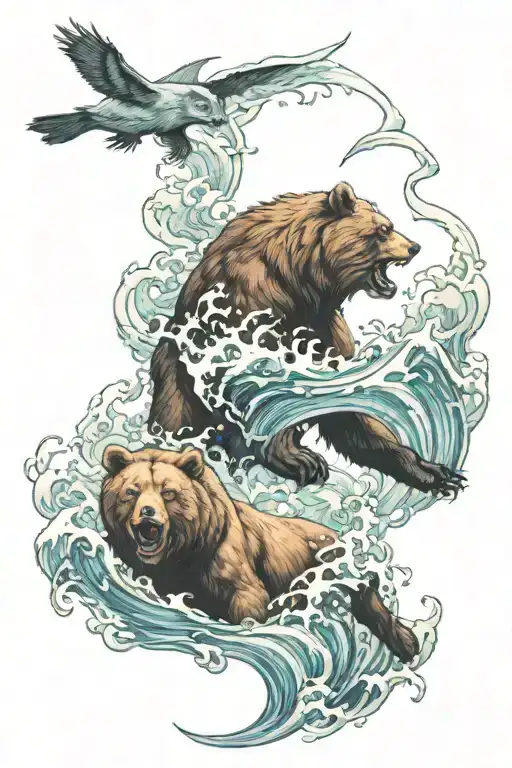 Bear and lion fighting with ocean waves, tornado from a sea and a crayfish tattoo design idea