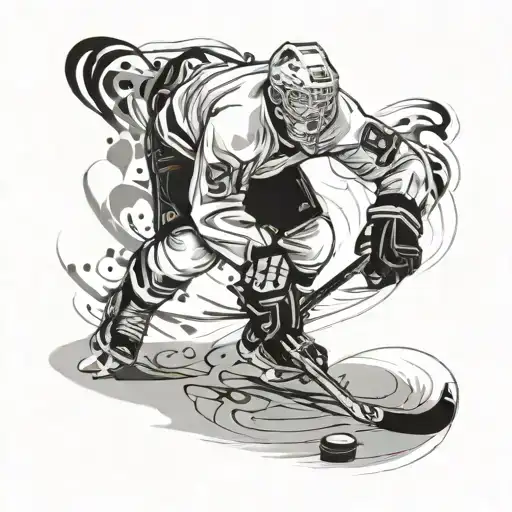 A dynamic hockey player in action on the ice, surrounded by swirling patterns representing speed and agility tattoo design idea