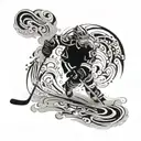 A dynamic hockey player in action on the ice, surrounded by swirling patterns representing speed and agility tattoo design idea