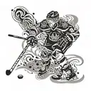 A dynamic hockey player in action on the ice, surrounded by swirling patterns representing speed and agility tattoo design idea