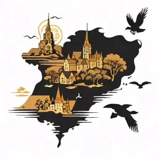 mont saint michel with church and sea and toxic love between tattoo design idea