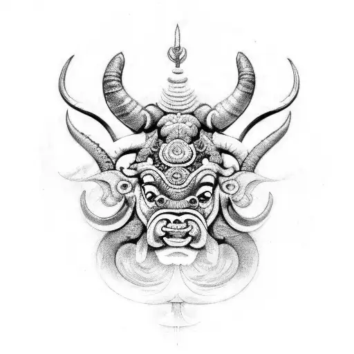 A fusion of zodiac signs Aries, Taurus, and Gemini in a Balinese mask design tattoo design idea