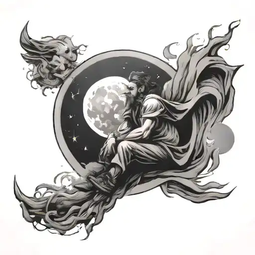 man, trader, moon fall down around tattoo design idea