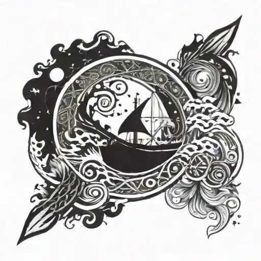stormy water bottom left arm sleeve, Viking pattern accents, spiral Galaxy on left chest tattoo design idea