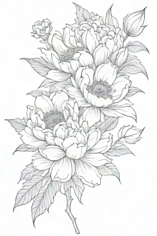 peony, sunflower, japanese lily, lotus and foliage tattoo design idea