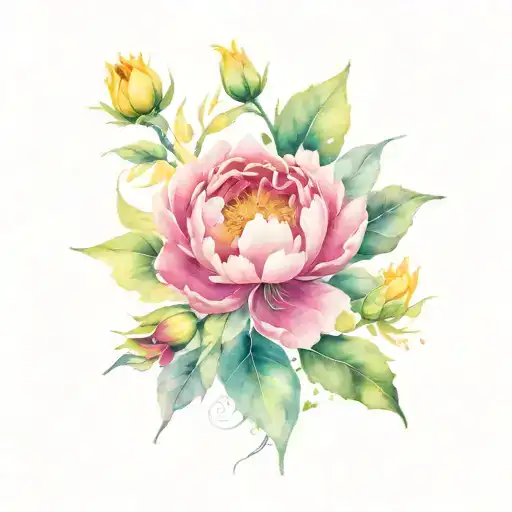 peony, sunflower, japanese lily, lotus and foliage tattoo design idea