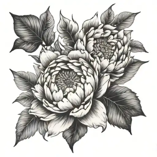 peony, sunflower, japanese lily, lotus and foliage tattoo design idea