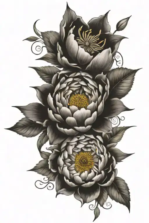 peony, sunflower, japanese lily, lotus and foliage tattoo design idea
