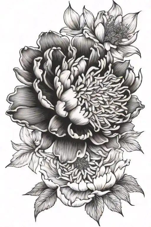 Make a black and pink drawing. Fine, feminine and airy of a peony, a sunflower, a Japanese lily. tattoo design idea