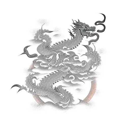 An oriental-inspired sleeve tattoo featuring a samurai battling a dragon amidst a backdrop of cherry blossom trees tattoo design idea