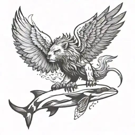 lion, Killer whale and falcon spreading wings tattoo design idea