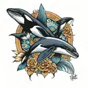 Killer whale, lion and falcon spreading wings tattoo design idea