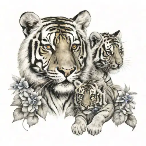 Mama tiger with 3 cubs and flowers intertwined tattoo design idea