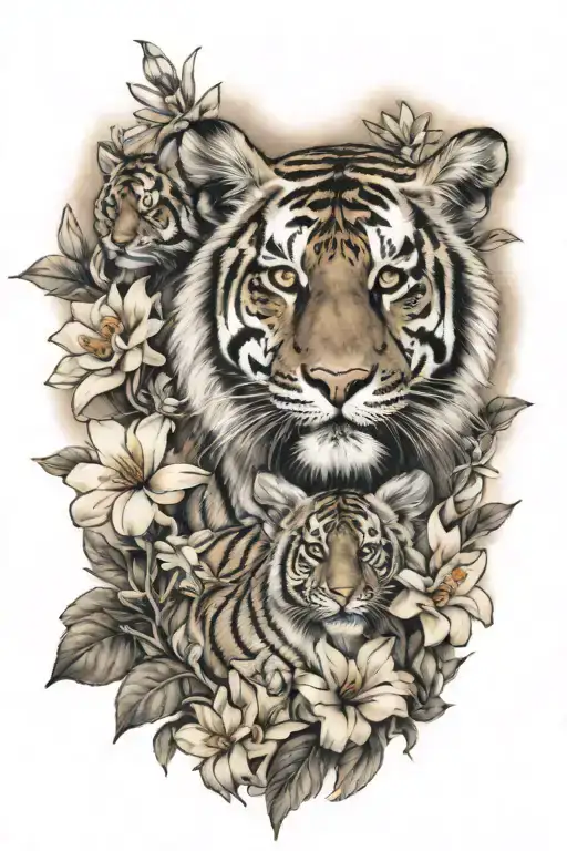 momma tiger with 3 cubs and flowers  tattoo design idea