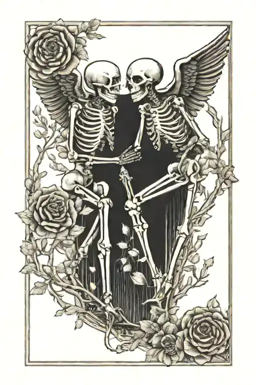 the lovers tarot card but with skeletons holding hands tattoo design idea