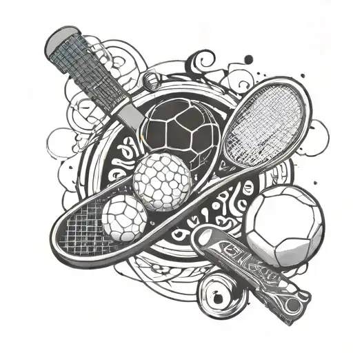 A dynamic tattoo design featuring a tennis racket and soccer ball intertwined with snowboard and ping pong paddle, symbolizing your love for sports and competition tattoo design idea