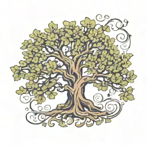 majestic oak tree with leaves swirling around it, and nestled among the branches is a depiction of Apollo, the Greek god tattoo design idea