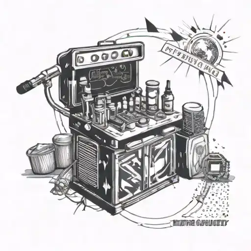 A karaoke bar themed tattoo with elements of goodwill shopping and dumpster diving tattoo design idea