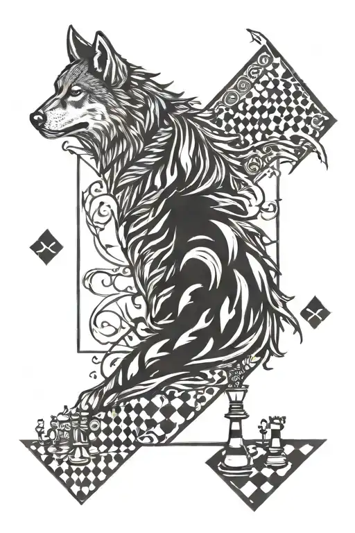 A lone wolf on a chess board with no chess pieces. One side is a wolf and the other side is jungle animals tattoo design idea