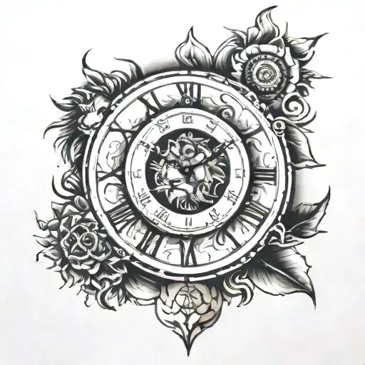 clock and lion and sun shining tattoo design idea