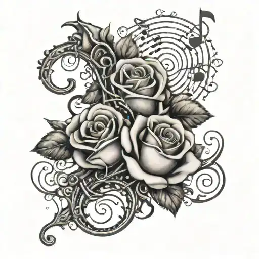 A rose vine intertwined with musical notes and symbols, representing a love for music and chosen family tattoo design idea