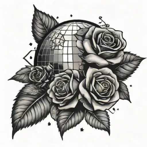 A disco ball surrounded by stars and roses, symbolizing chosen family and growth tattoo design idea