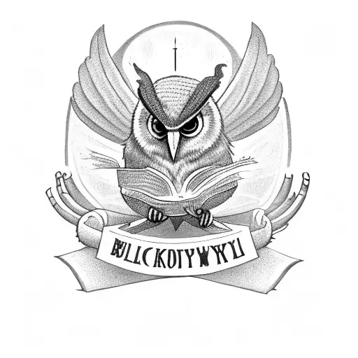 Rabbid Owl flying under the words "know thyself"on it holding a snake in its talons tearing it in half  tattoo design idea