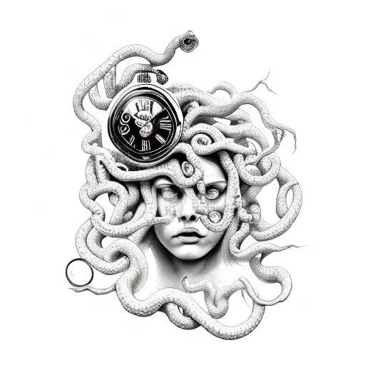 broken Medusa with clock tattoo design idea