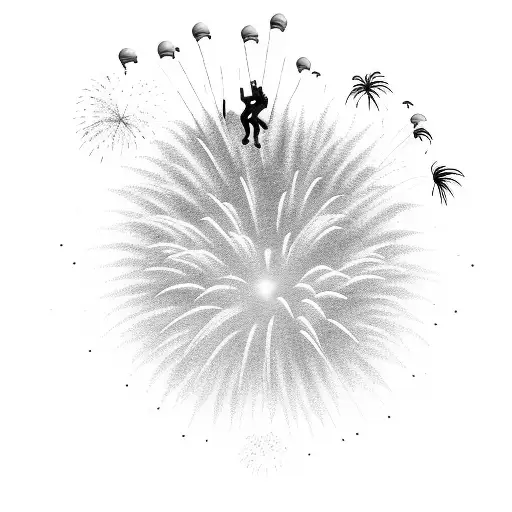 A group of friends skydiving against a backdrop of colorful fireworks, capturing the client's love for adrenaline and celebrating life. tattoo design idea