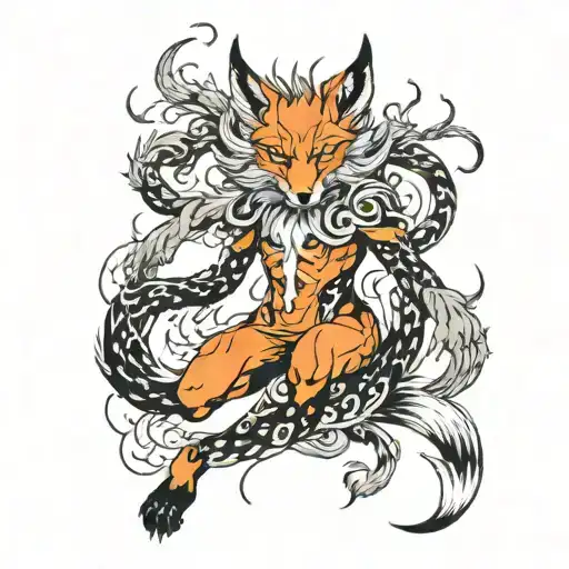 FULL body demon FOX TATTO sleeve WITH NINE TAILS and nine eyes surrounding the thigh, blackwork style, creepy, horror, r tattoo design idea