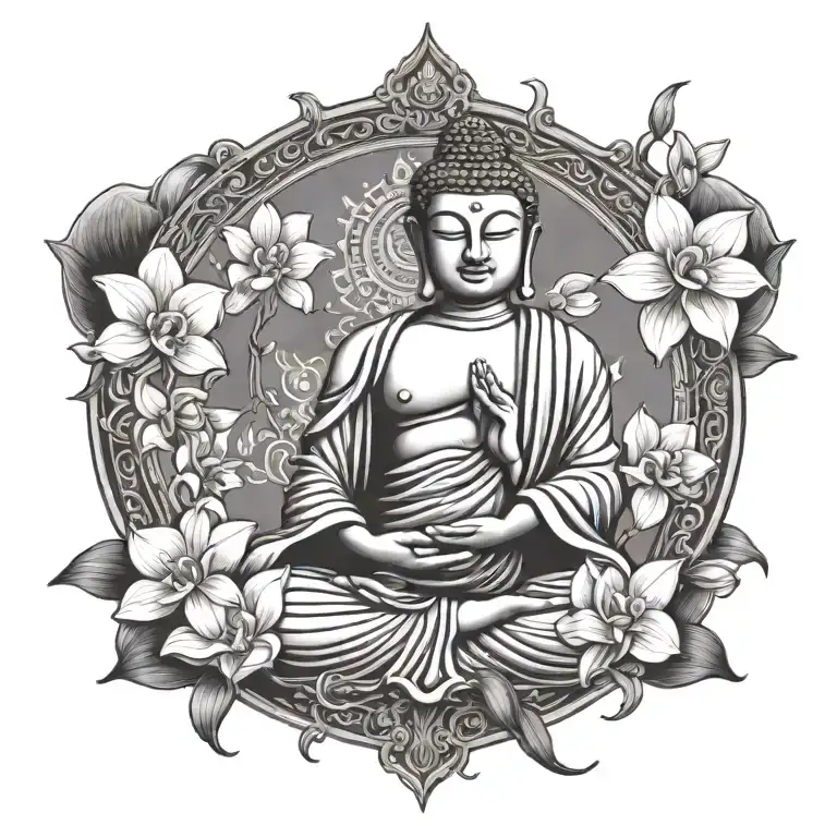 Buddha meditating figure surrounded by orchid flowers tattoo design idea