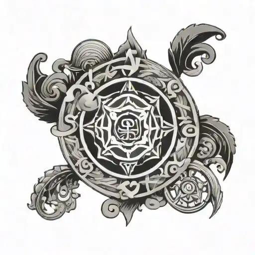 An intricate design featuring a spiritual mantra surrounded by money symbols tattoo design idea