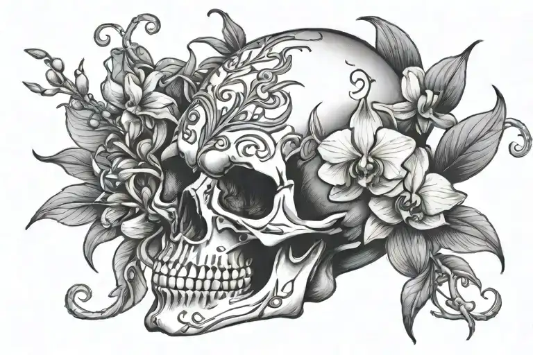 orchid vine wrapping skull with horns tattoo design idea
