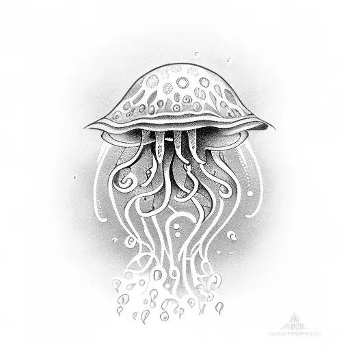 A dotwork tattoo of an jellyfish wined with a Hassle symbol, representing the challenges and rewards of the crypto world tattoo design idea