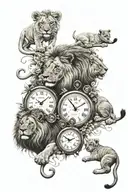 lion and two cubs with two clocks and baby foot prints tattoo design idea