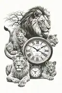 lion and 2 cubs with 2 clocks tattoo design idea