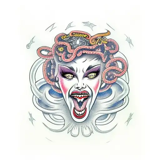 Medusa with evil eyes and her tongue out tattoo design idea