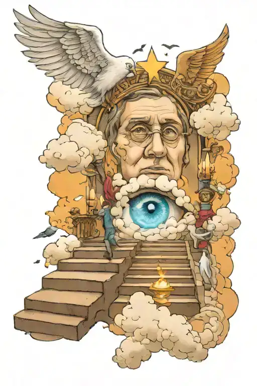 Crying eye candle father walking on stairs to heaven clouds angels and doves  tattoo design idea