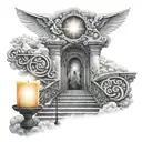 Crying eye candles lit up on the stairs to heaven heaven gate clouds welcoming angels  tattoo design idea