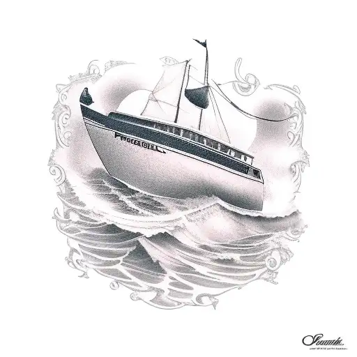 boat in ocean with poetugal and angola tattoo design idea