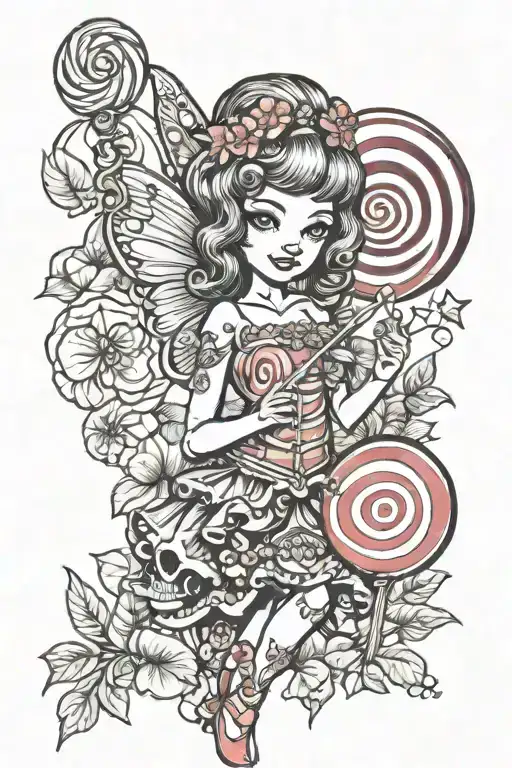candy fairy holding lollipop wand in candy forest filled tattoo design idea