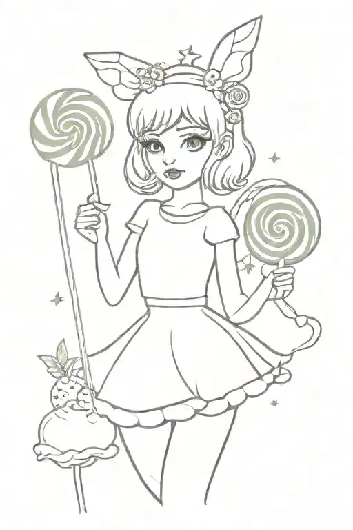 candy fairy holding lollipop wand in candy forest filled tattoo design idea