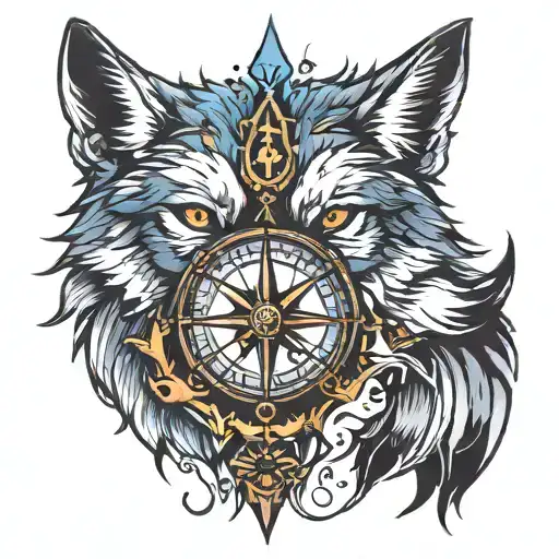 wolf and compass tattoo design idea