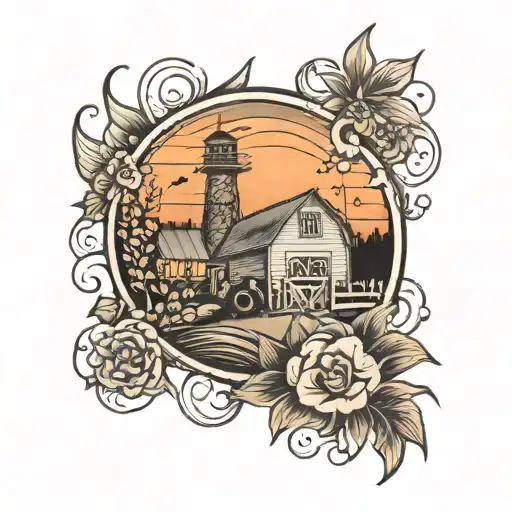 medow farm with sunset in the back ground tattoo design idea