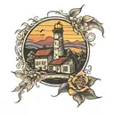 medow farm with sunset in the back ground tattoo design idea
