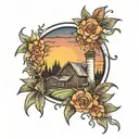 medow farm with sunset in the back ground tattoo design idea