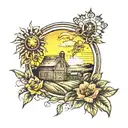medow farm with sunset in the back ground tattoo design idea