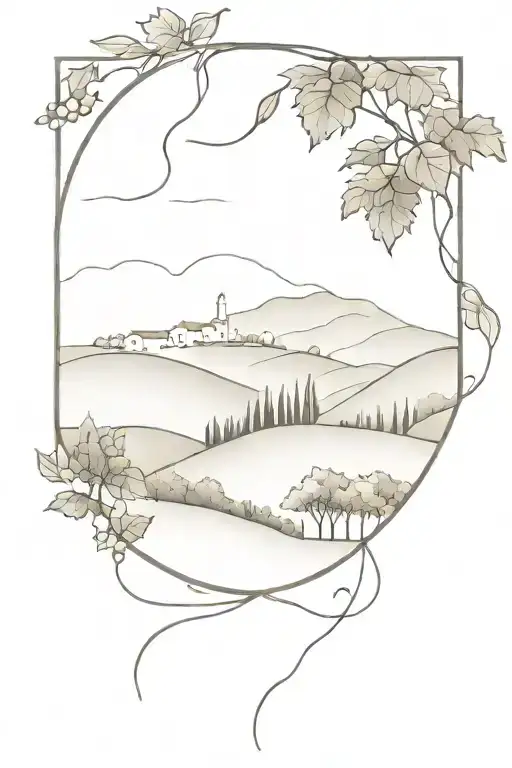 framed vineyard landscape with grapevines tattoo design idea